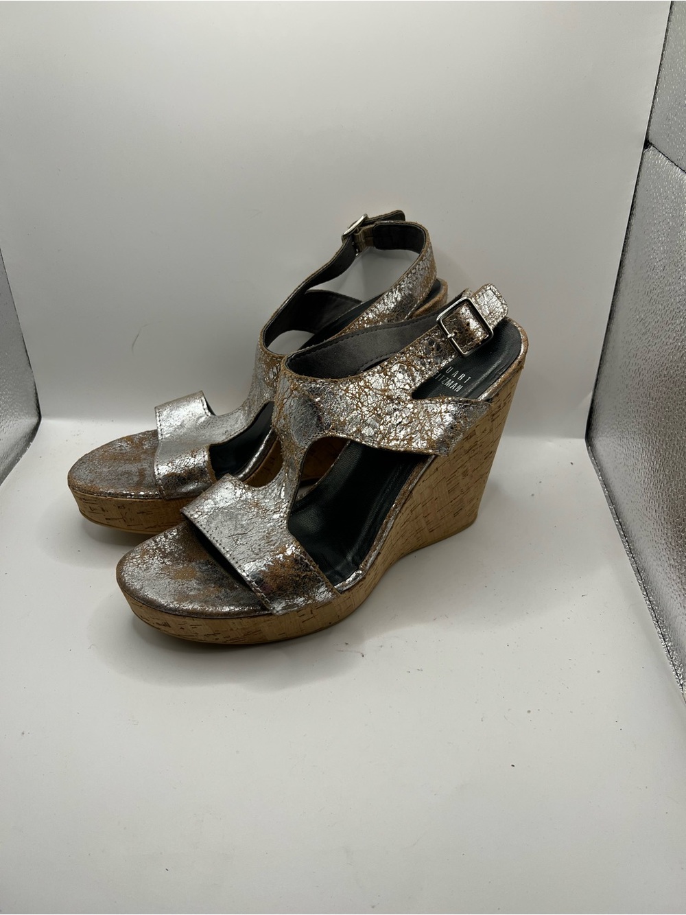 Stuart Weitzman Metallic Silver Cork Wedge Sandals